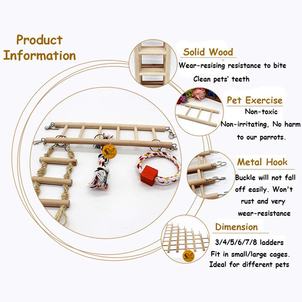 Sage Square Playful Natural Wooden Climbing Ladder Toy for Exercise & Fun, with Hooks, for Birds, Parrot, Budgies and Other Small, Medium Large Bird (Design 3) 3