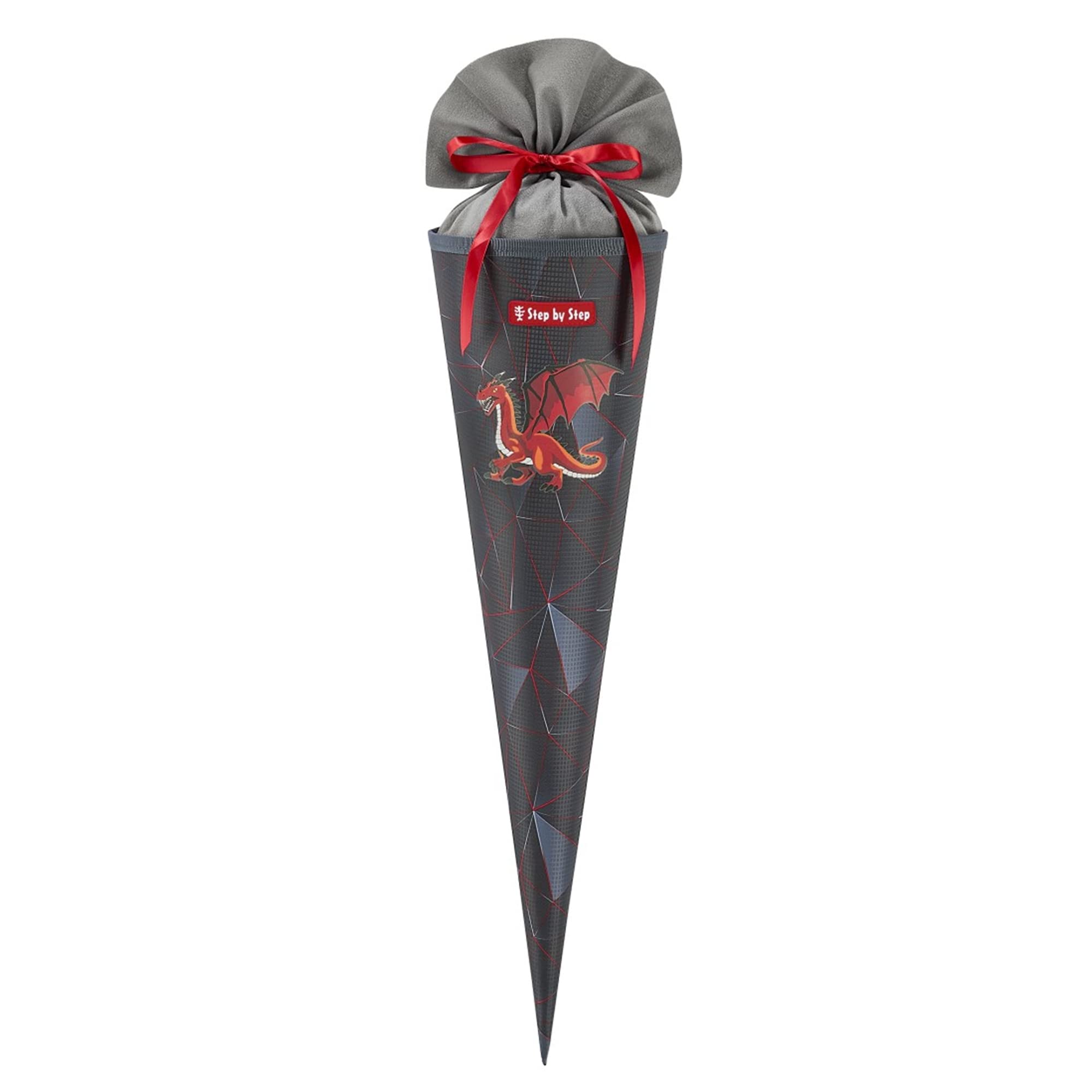 Step by Step Schultüte Dragon Drako, schwarz-rot-grau, passend zum Schulranzen, aus recycelten PET-Flaschen, Verschluss aus Stoff, 5L Füllvolumen, 70 cm Höhe, für die 1. Klasse