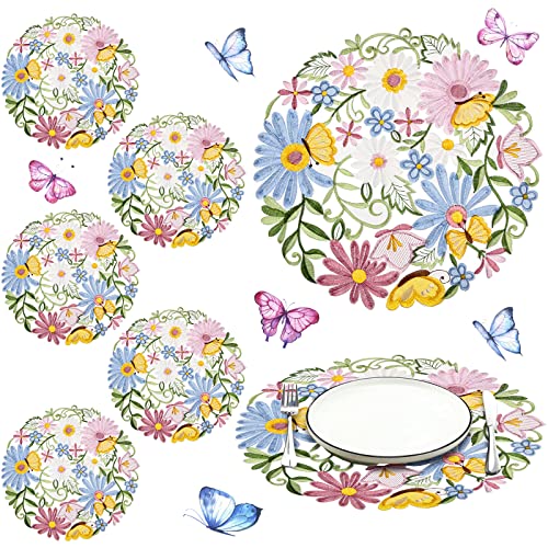 6 Stück Frühling bestickte Blumen-Tischsets, 35,6 cm, florales Gänseblümchen-Schnittarbeit, runde bestickte Deckchen für Tische, Zuhause, Küche, Esszimmer, Frühling, Urlaub, Tischdekoration Cover