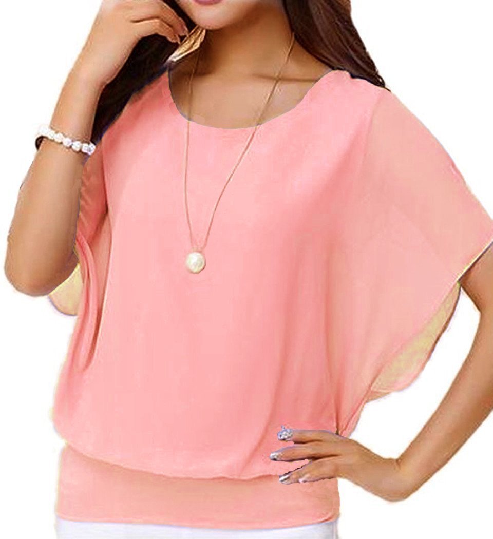 YYWING Women's batwing sleeve blouse Loose Casual Short Sleeve Chiffon Top T-shirt Blouse (XL(UK 18), Light pink)