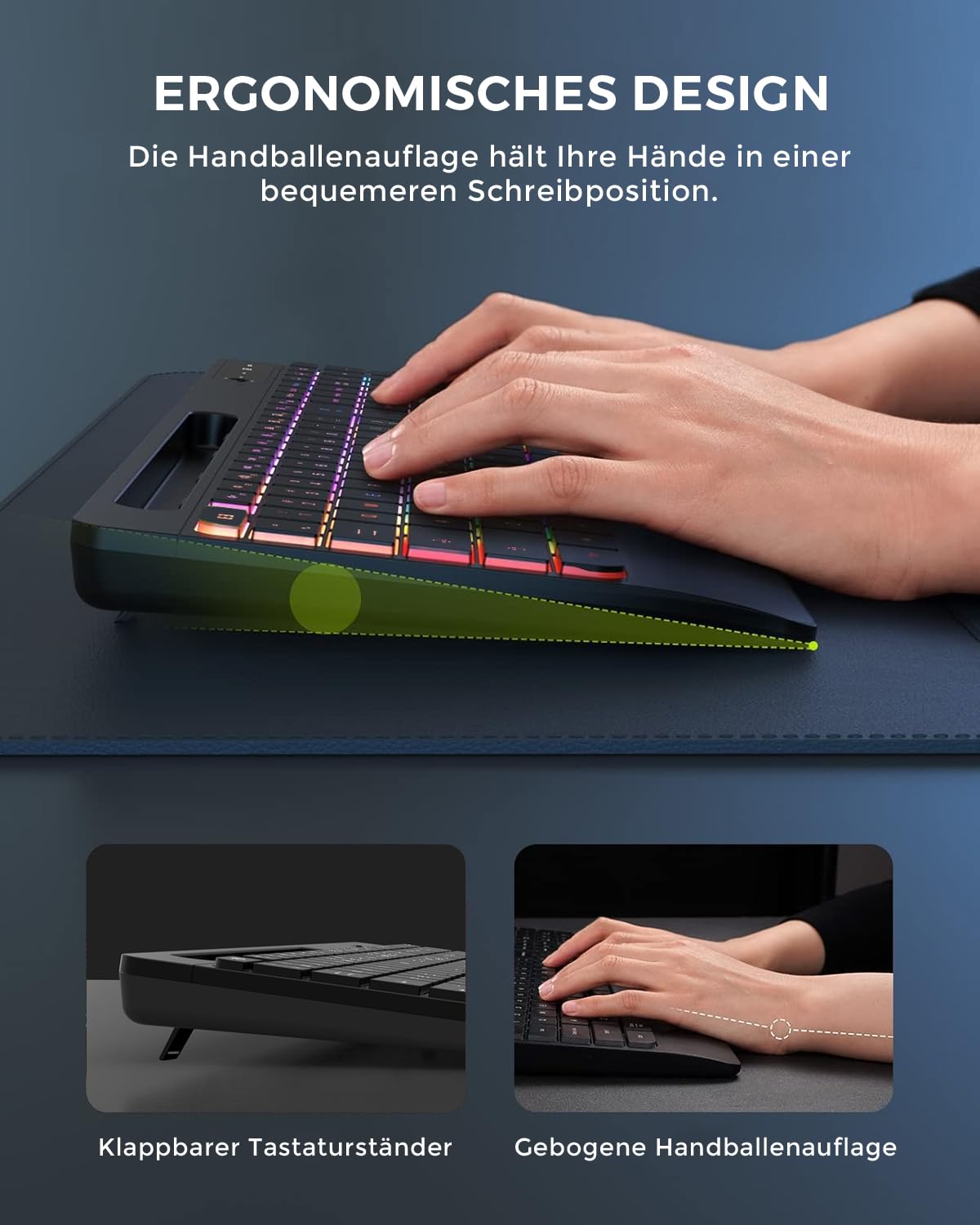 Seenda JPX006 kabelloses Tastatur Maus Set beleuchtet ergonomisch mit Handyhalter Handballenauflage leise Tasten QWERTZ