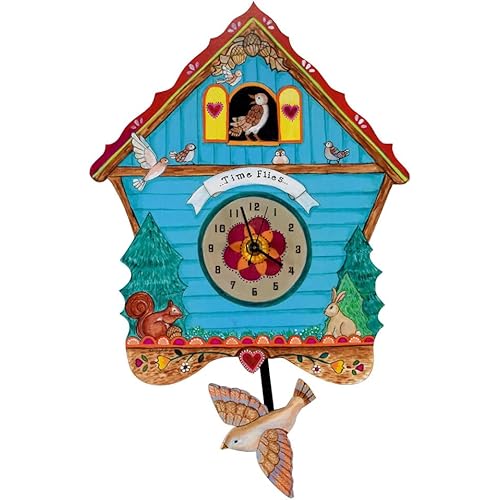 Modern Artisans Colorful Alpine Birds Time Flies Wall Clock with Pendulum, 15x10-Inches, American Made