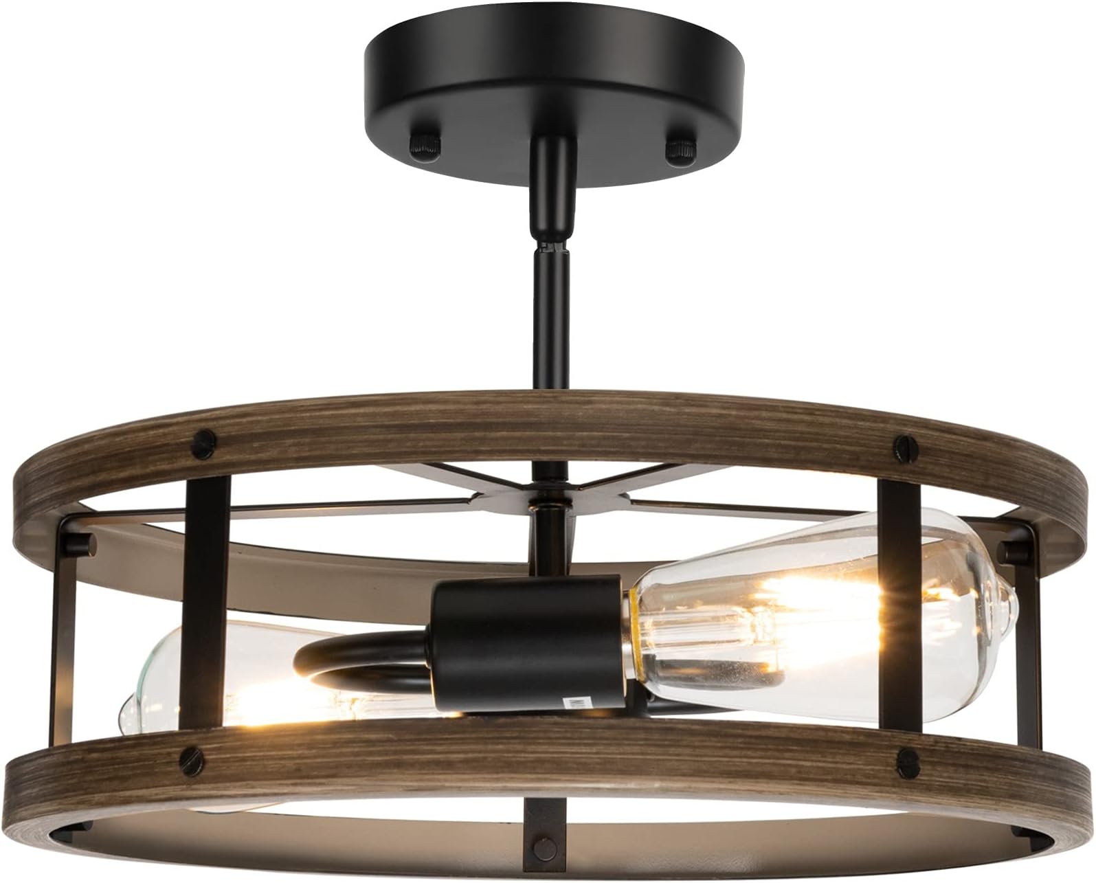 Farmhouse Semi Flush Mount Ceiling Light Fixture, 2-Light Industrial Metal Cage Ceiling Lamp, Vintage Close to Ceiling Lighting, Wood and Matte Black Finish