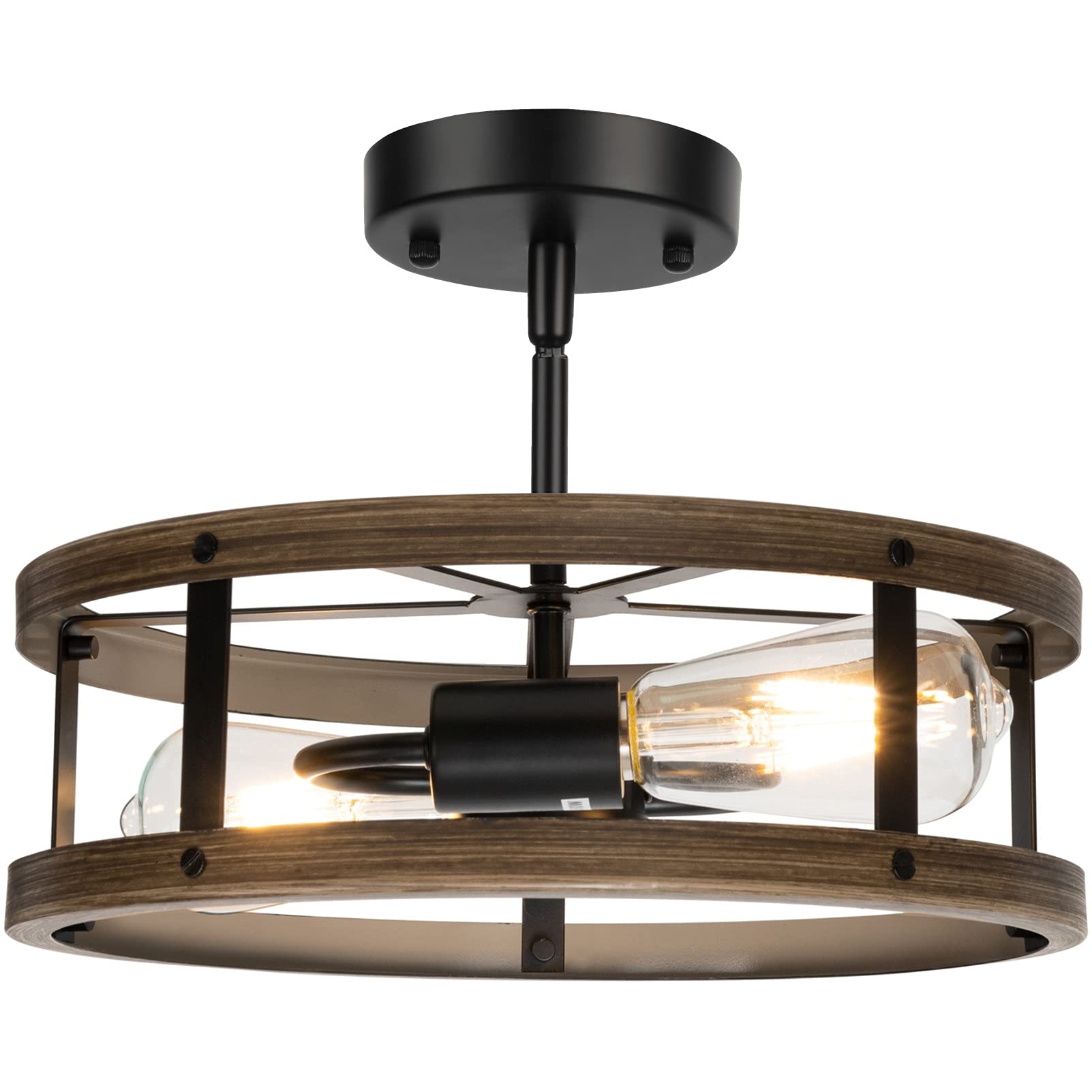 Farmhouse Semi Flush Mount Ceiling Light Fixture, 2-Light Industrial Metal Cage Ceiling Lamp, Vintage Close to Ceiling Lighting, Wood and Matte Black Finish