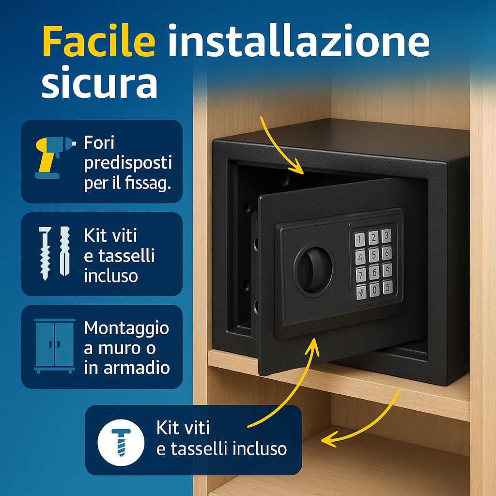 Utilia Security Cassaforte Elettronica 23×17×17 cm, combinatore digitale con chiave, 2 catenacci Ø15 mm, acciaio verniciato, fissaggio a muro/armadio, avviso batteria.