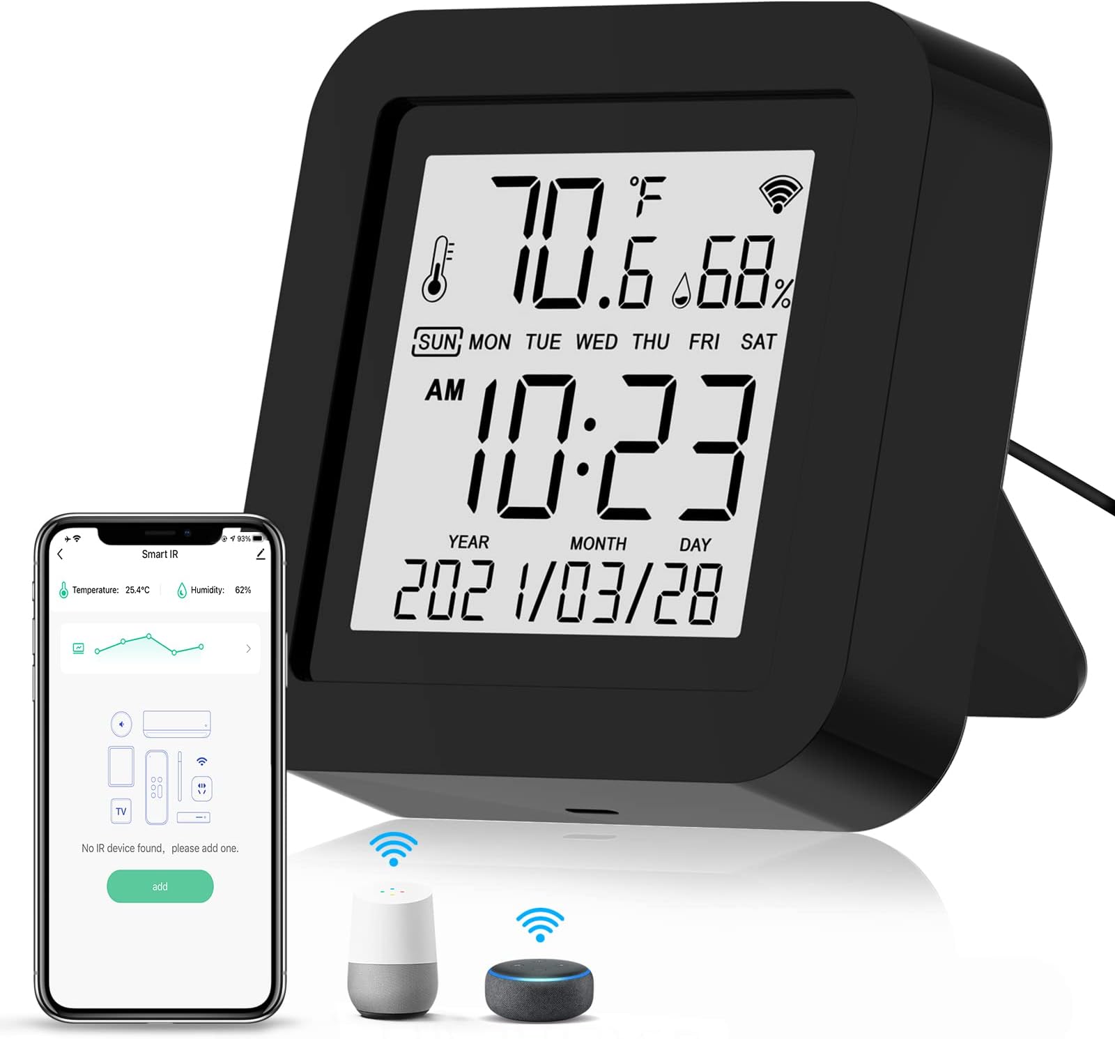 WiFi Smart IR Remote Control WiFi Temperature Humidity Sensor Monitor with LCD Display Cover Above 98% IR Device for Air-Conditioned TV Fan etc Smart Life APP Compatible Alexa Google Assistant
