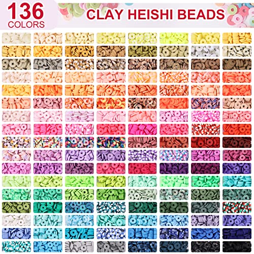 Quefe 14000Pcs, 136 Colors Clay Beads For Bracelet Making Kit Flat Round Polymer Clay Beads Spacer Heishi Beads For Jewelry Making With Pendant Charms Kit Letter Beads And Elastic Strings #TOP1