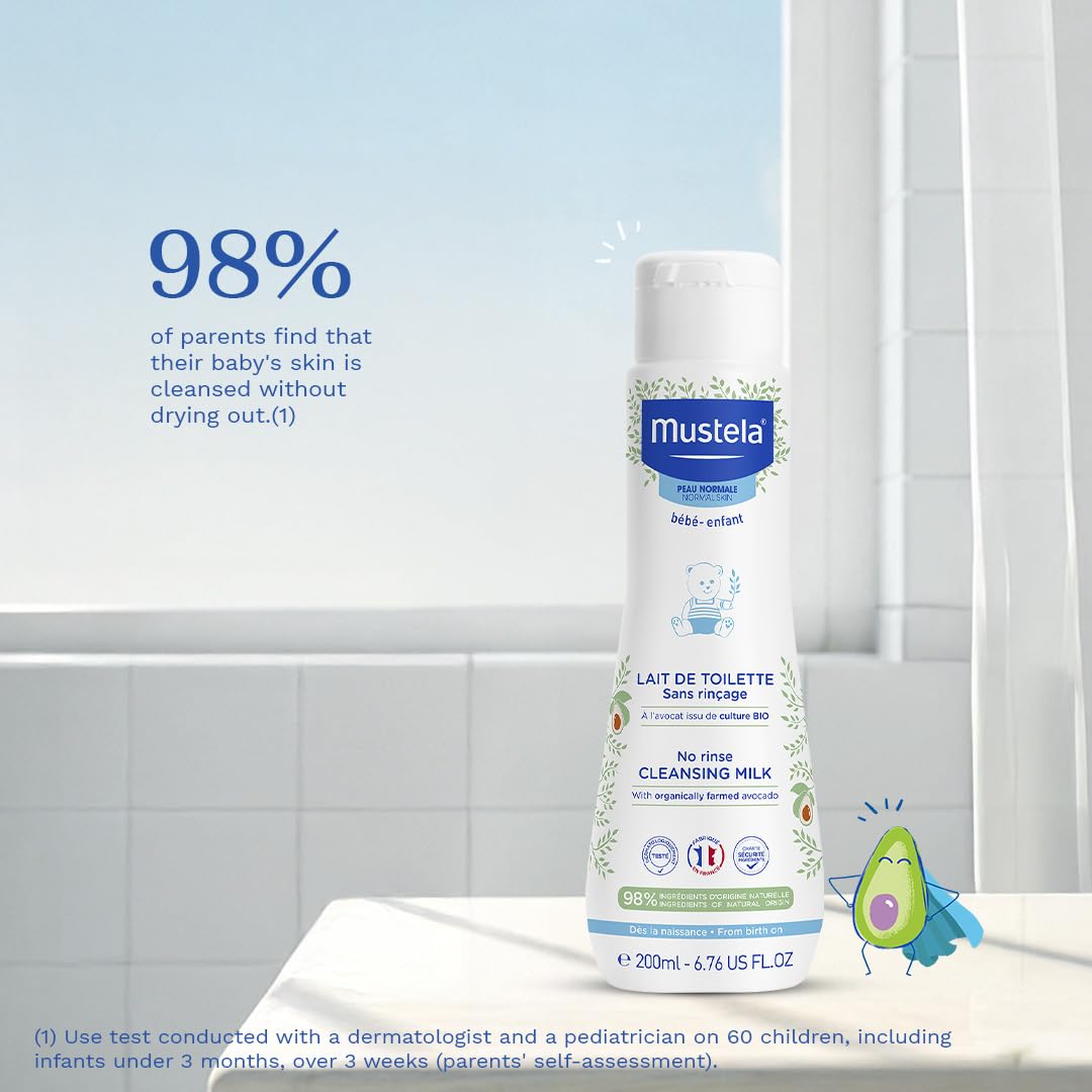 Mustela Latte di Toilette al Perseose d'Avocado BIO 200ml Deterge Senza Risciacquo 98% Ingredienti di Origine Naturale
