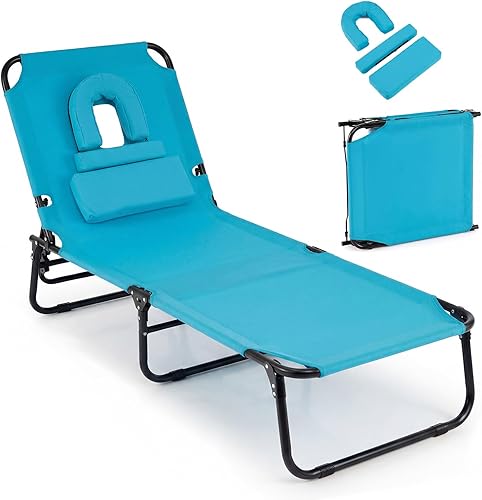 Miniatura 12 de Giantex Silla bronceadora, silla de patio ajustable con orificio para la cara, almohadas extraíbles, correa de transporte, silla de diseño, silla
