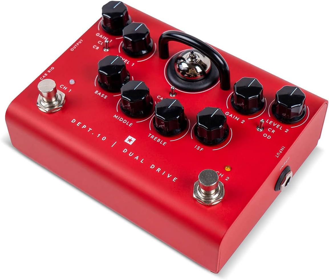 Top view of Blackstar Dept. 10 Dual Drive Pedal with all control knobs labeled