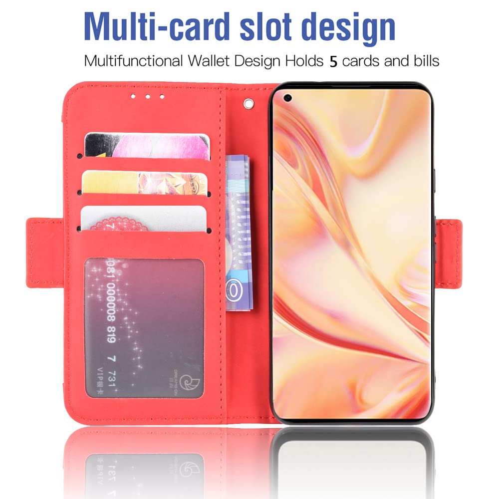 Asuwish Cover per OPPO Find X2 Pro con Pellicola Vetro Temperato Vetrino Portafoglio Libro Pelle Porta Carte Supporto Protettiva Protezione TPU Silicone X2Pro Custodia Case Maschio Ragazza Rosso
