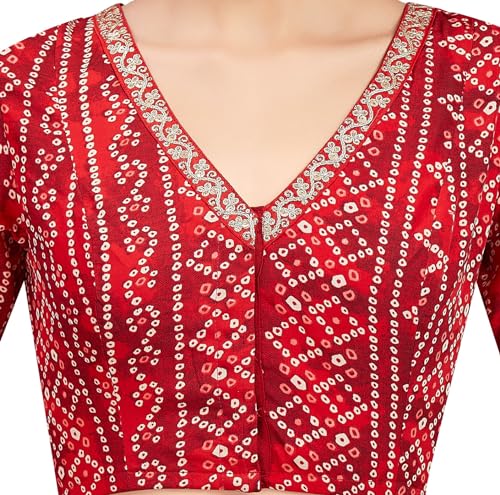 Image of Studio Shringaar Women's Cotton Bandhni Printed & Embroidered Saree Blouse With Elbow Length Sleeves