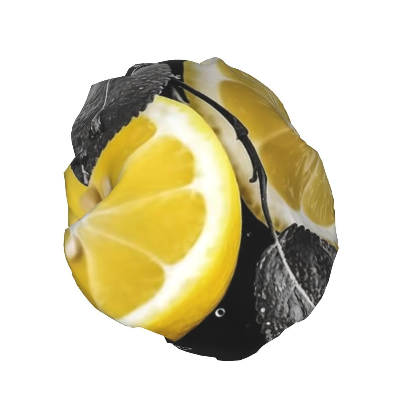 Lemon with on black and white Shower Cap for Women Reusable Waterproof Shower Bonnet Washable Elastic Band Bath Hair Hat Double Layered Bath Cap Extra Large for Long Hair