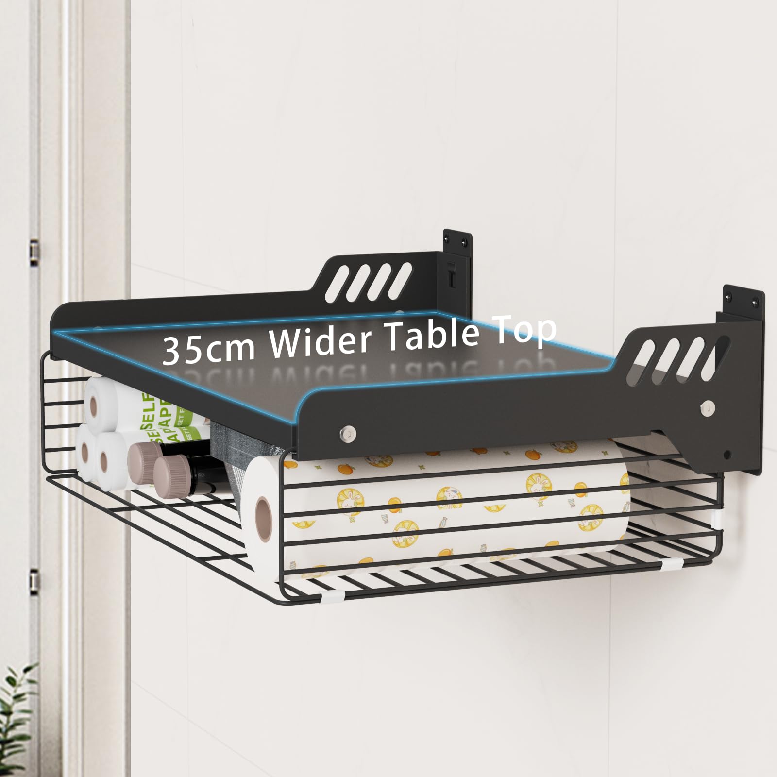 Mikrowellen Regal Hängend, Mikrowellenhalterung Wand mit Aufbewahrungskorb, 2 Ebenen Wandhalterung Mikrowelle aus Metall, Mikrowelle Halterung Wand für Küche, Schwarz, 55 * 35 * 16 cm