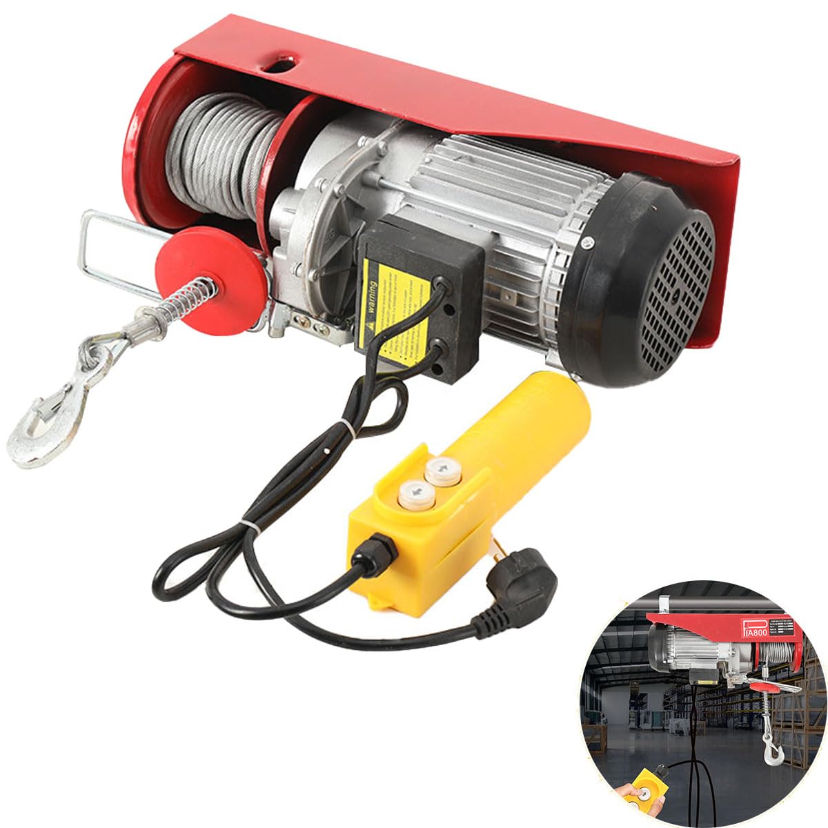 Elektrische Seilwinde 400kg bis 800kg Hubhöhe 12m Seilzug Motorwinde 1300W Kupfermotor Flaschenzug 8m/min Hubgeschwindigkeit Hebezug mit Kabelloser Fernbedienung Seilhebezug Kettenzug