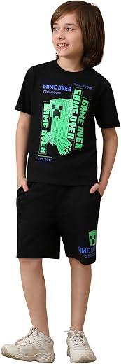 Kidsville Official Minecraft Graphic Printed Regular Fit Cotton Tshirt &amp; Shorts Set For Boys