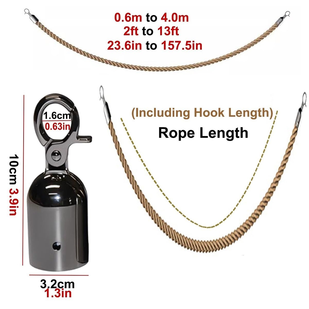 Stanchion Rope Barrier - Corda di canapa intrecciata nera da 2,2 m, con bottoni a pressione lucidati per controllo della folla e sicurezza, 1 confezione per coda eventi e gestione del traffico