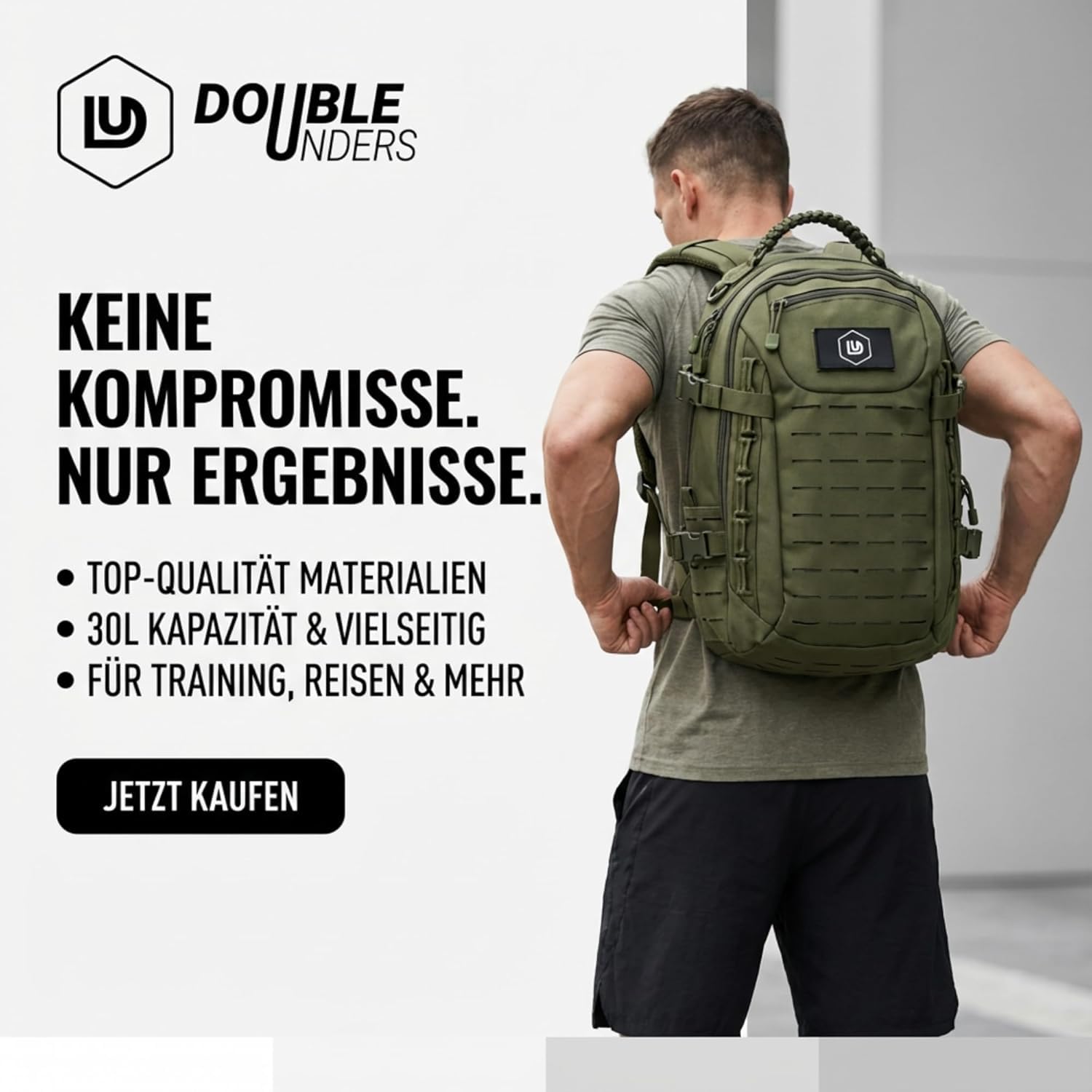 DoubleUnders - Taktischer Rucksack 30L mit MOLLE & Laptopfach – 500D Nylon, wasserabweisend, Militär-Reißverschlüsse, ergonomisch – Outdoor Tagesrucksack für Wandern, Training & Alltag - Grün