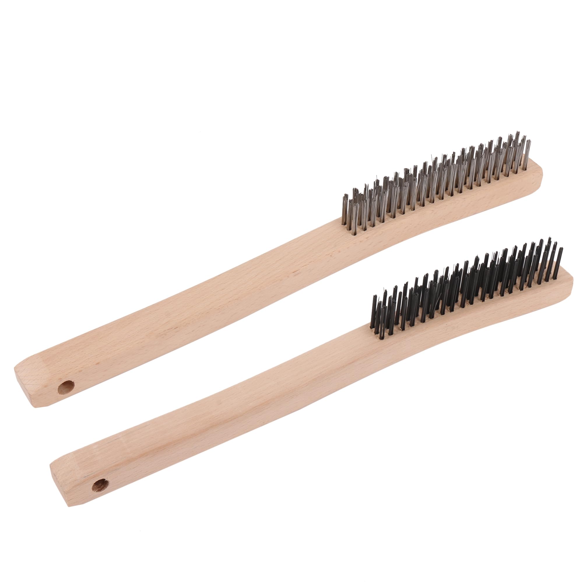 2 cepillos de alambre de acero al carbono y acero inoxidable con mango de madera curvado de 14 pulgadas