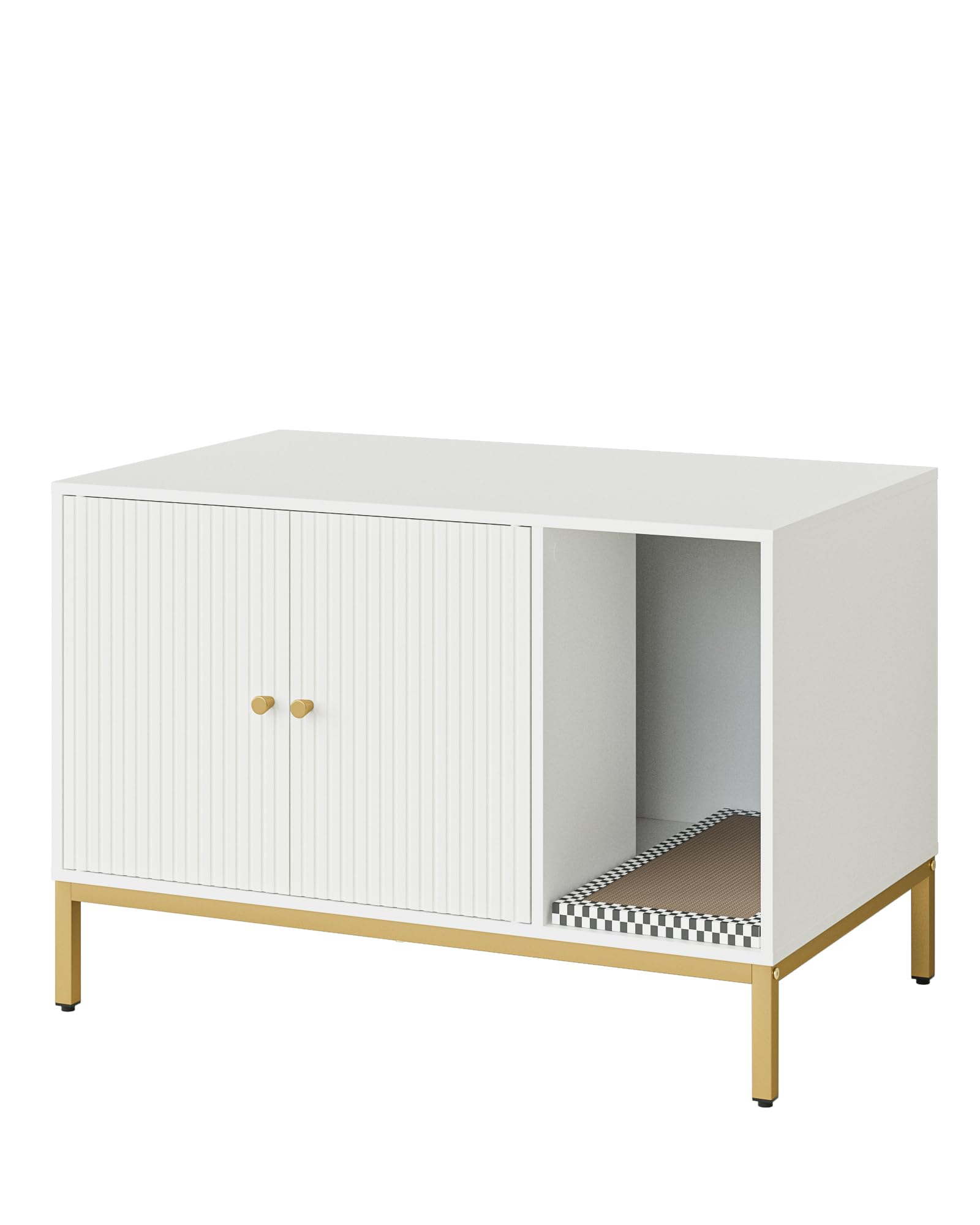 Cat Litter Box Enclosure, Modern Hidden Litter Box Furniture with Scratching Pad, Wooden Cat House Cabinet with Gold Metal Legs, Fit Most of Litter Box,White and Gold - image 3