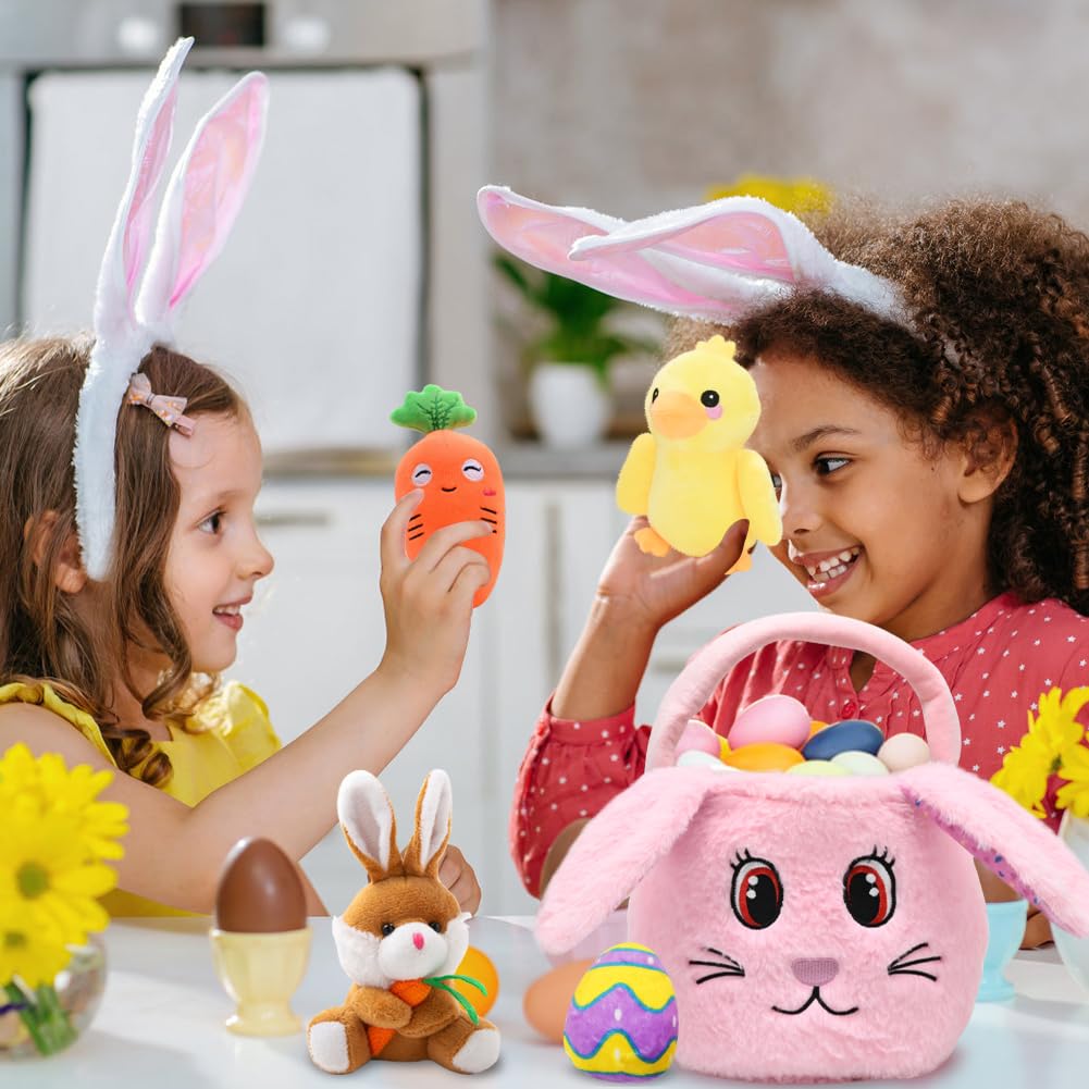 Fluffy Easter Bunny Basket Set, Easter Basket Playset with Stuffed Plush Bunny Duck Egg Carrot for Baby Kids Easter Party Decorations Supplies Easter Basket Fillers
