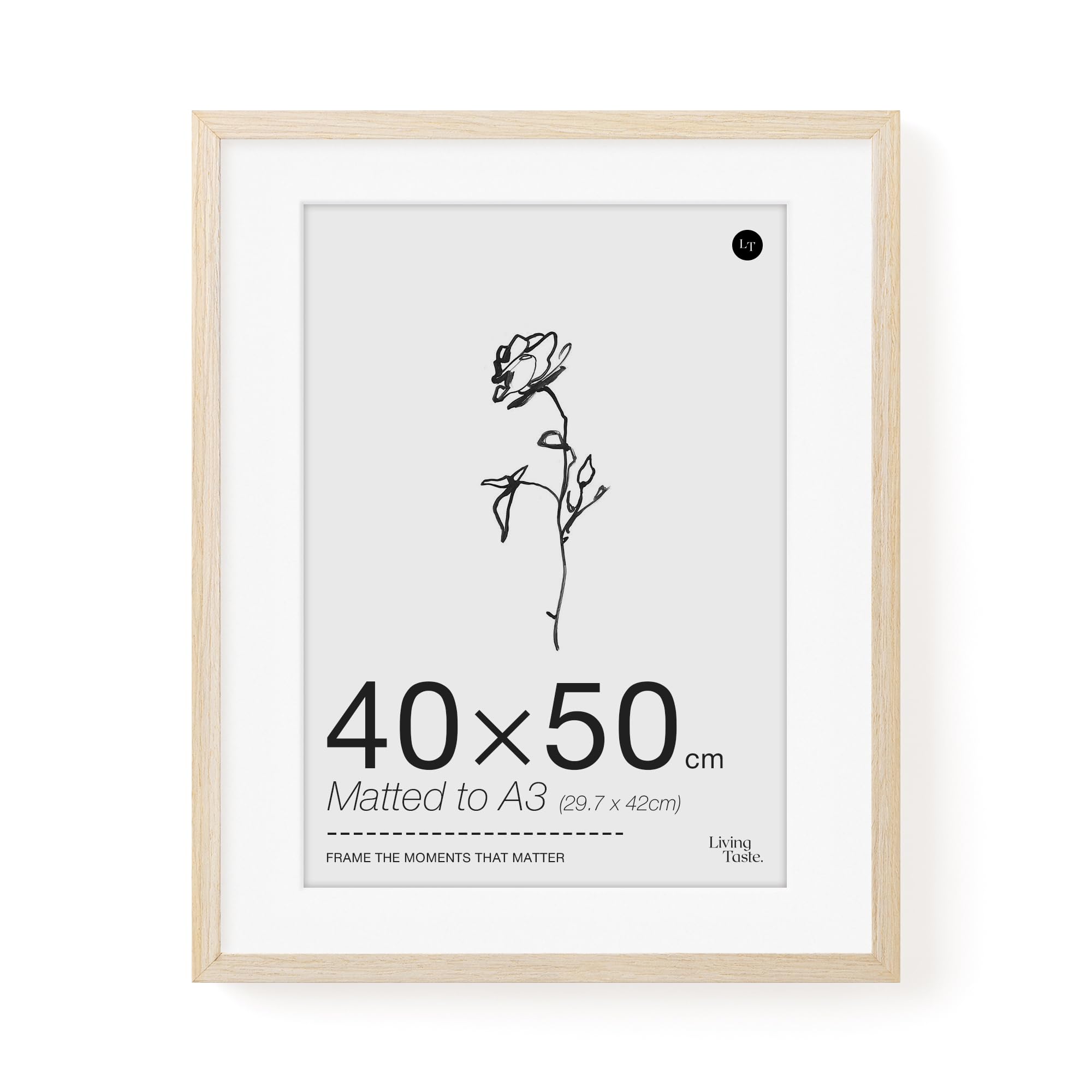 LIVINGTASTE 40x50cm Picture Frame, 16x20 inch Wood Photo Frame with Mount for A3, 1 Pack Natural Oak Finish Wall Frame with Acrylic Front, Ideal for Gallery Display, Poster Art Print
