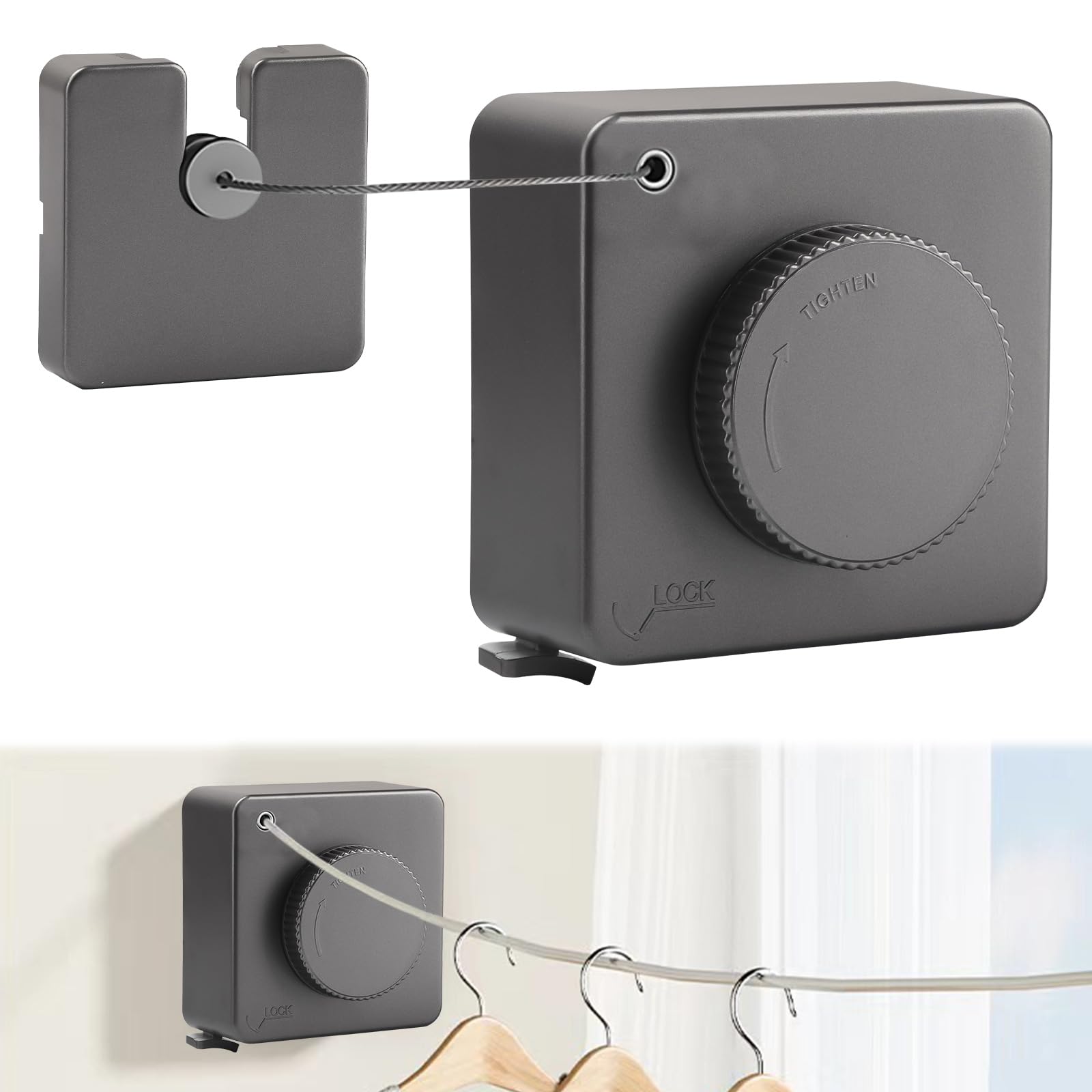 GAESHOW Stendibiancheria Retrattile da 4.8 m, Stendibiancheria Estensibile, Acciaio Inossidabile Corda da Bucato Riavvolgibile, Linea di Lavanderia Pegolabile per Interni Bagno, Balcone (grigio)
