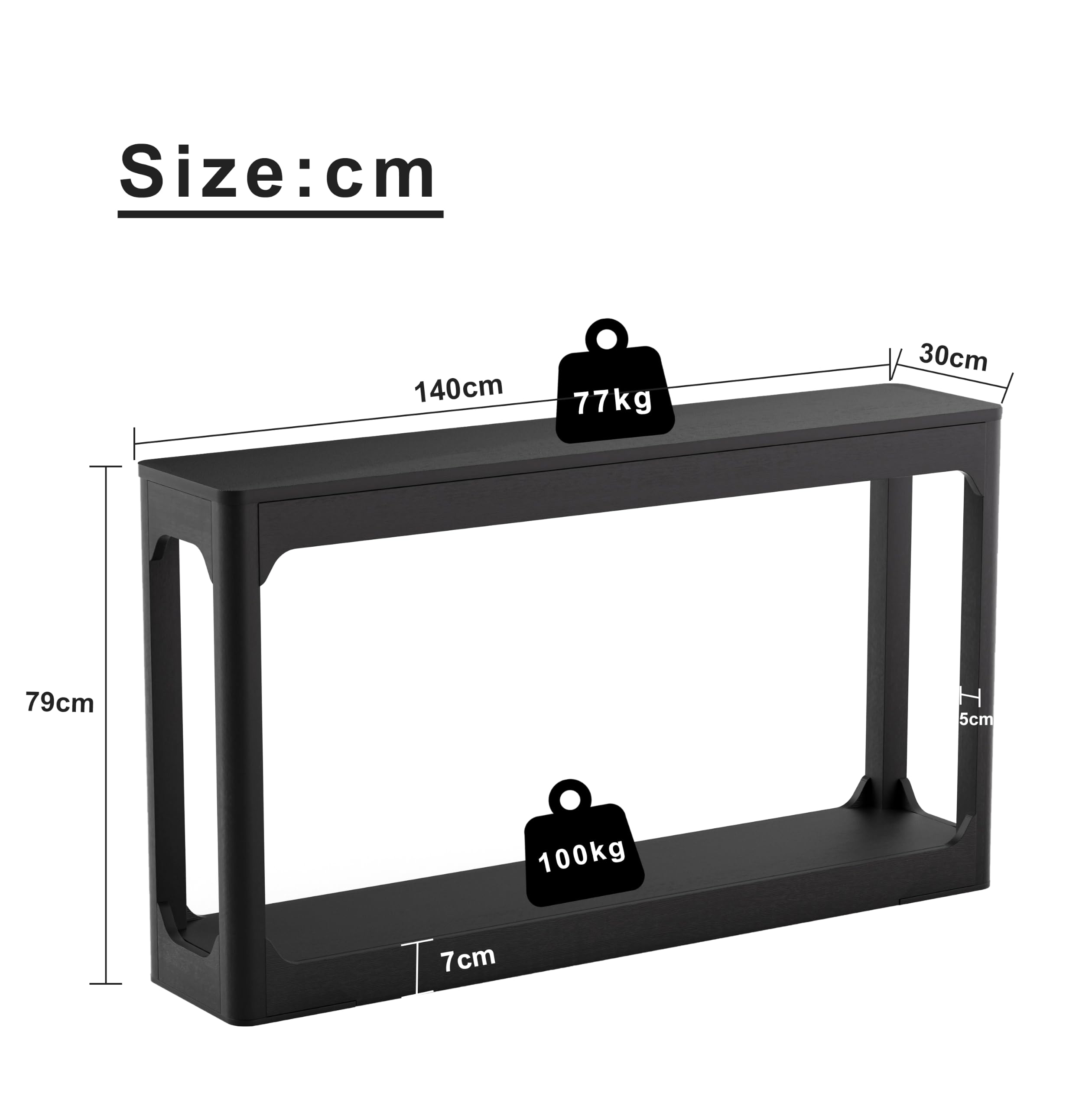 Stolik konsolowy wąski z 2 poziomami, 140 cm, czarny
