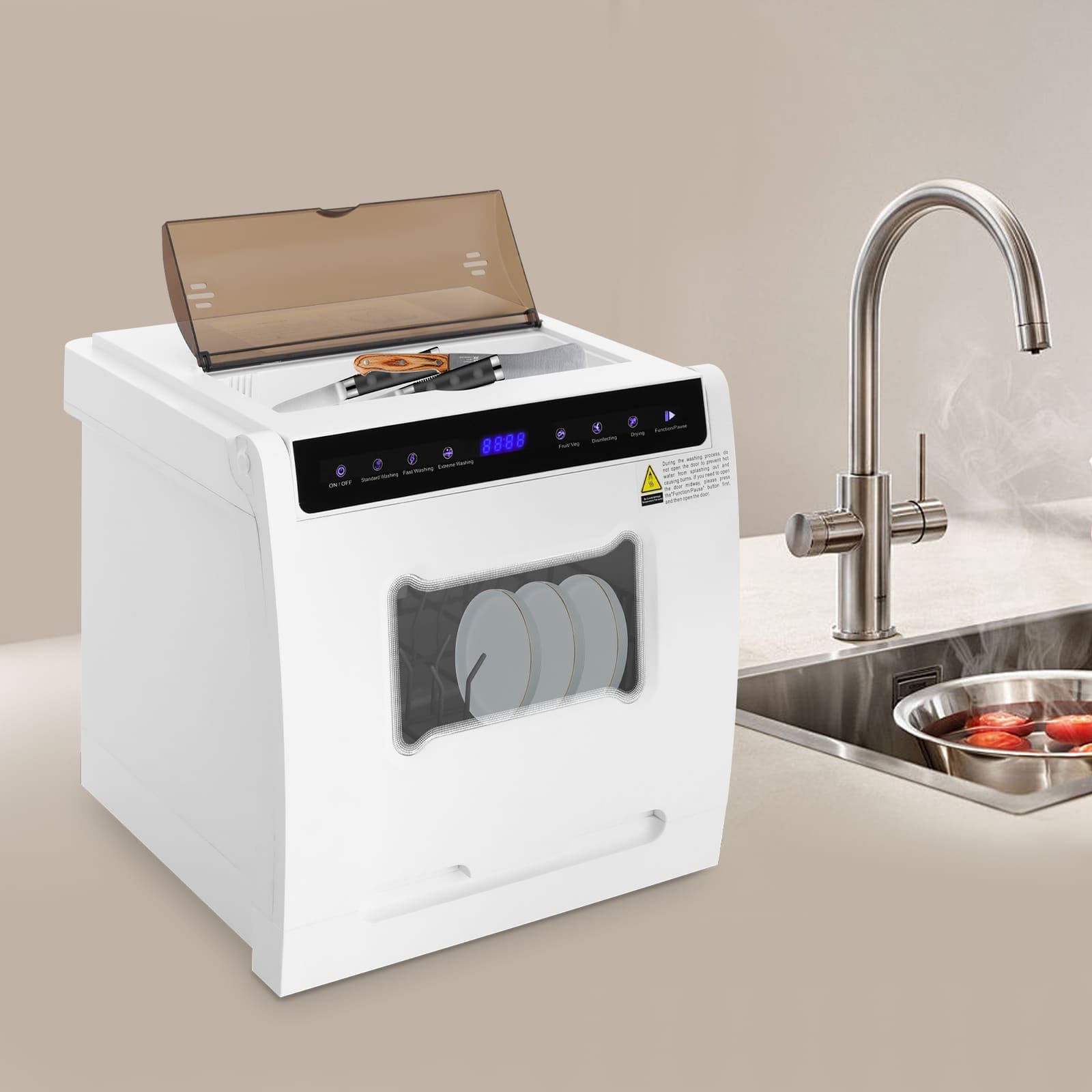 Mini Lavastoviglie da Tavolo, 5 programmi (Standard/Veloce/Intensivo/Frutta/Disinfezione), 4-6 Persone, Design Compatto 46x41x46cm, Per Piccole Case, Appartamenti