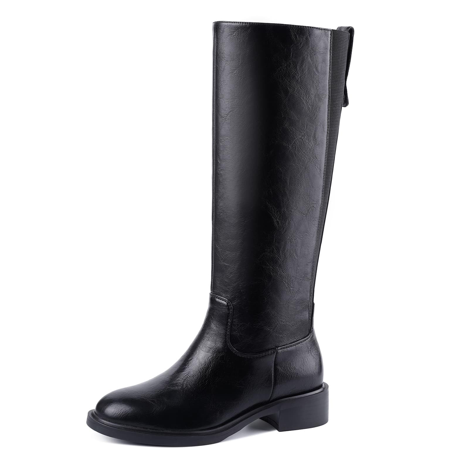 Brown Knee High Boots Round Toe Wide Calf Chunky Low Heel Pull On Riding Long Boots Comfortable Tall