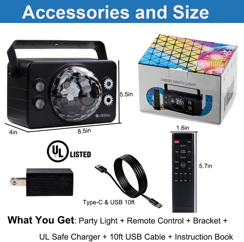 Disco Ball Light Party Lights, Disco Light Sound Activated Strobe Lamp Disco Ball Decor with 6 Lighting Colors and Laser Pattern with Remote Control Party Light for Home Karaoke Dance Birthday