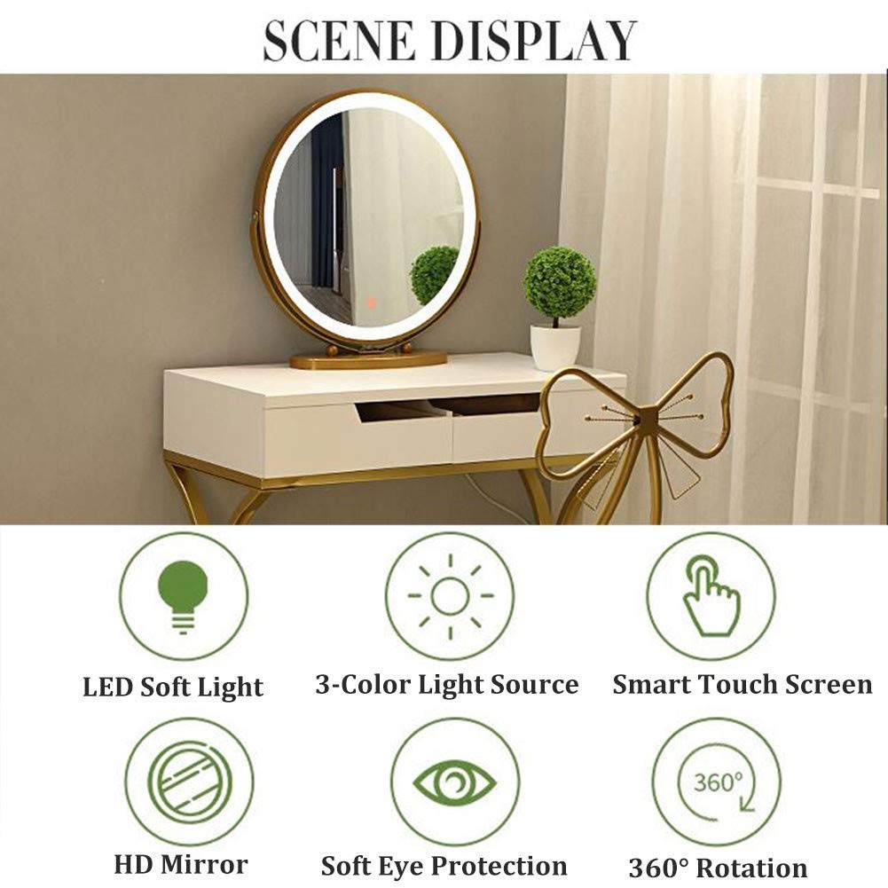 Grand Miroir De Maquillage Avec Lumière Avec Eclairage,Miroir De Courtoisie Avec Bouton Intelligent,Miroir Table,Miroirs Cosmétiques À Poser, Blanc/Noir/D'or/Argent ( Couleur : or , Taille : 52cmX48cm