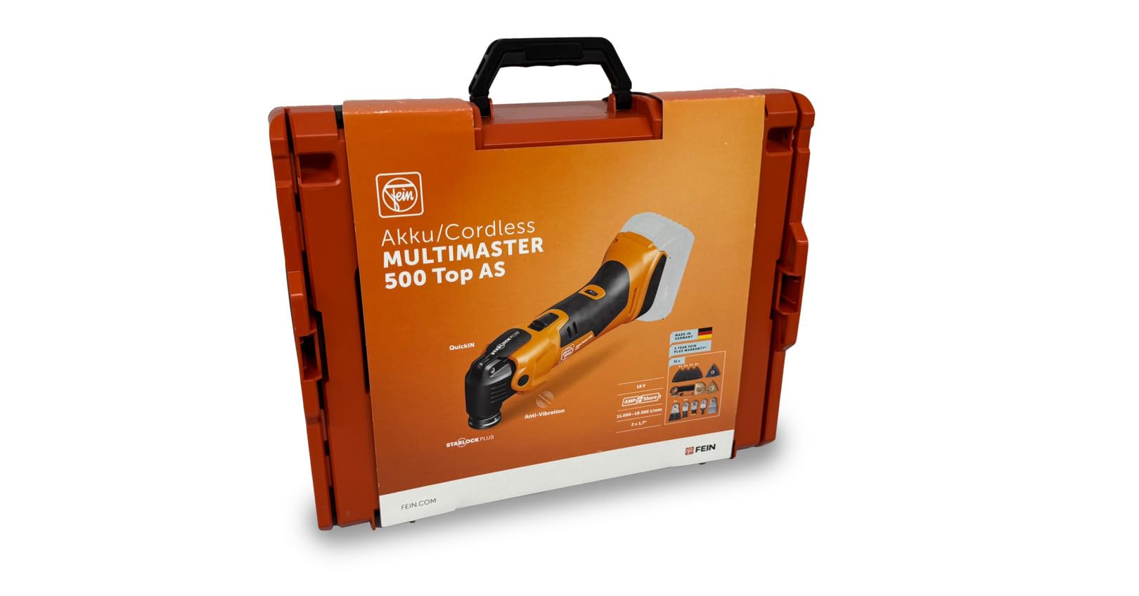Fein Akku Multimaster AMM 500 Plus AS (18 V, ohne Akku, AMPShare, Multitool StarlockPlus, inkl. Bi-Metall-Sägeblatt für Holz, Kunstsoff + Metall, Multifunktionswerkzeug, in L-Boxx) 71293862000