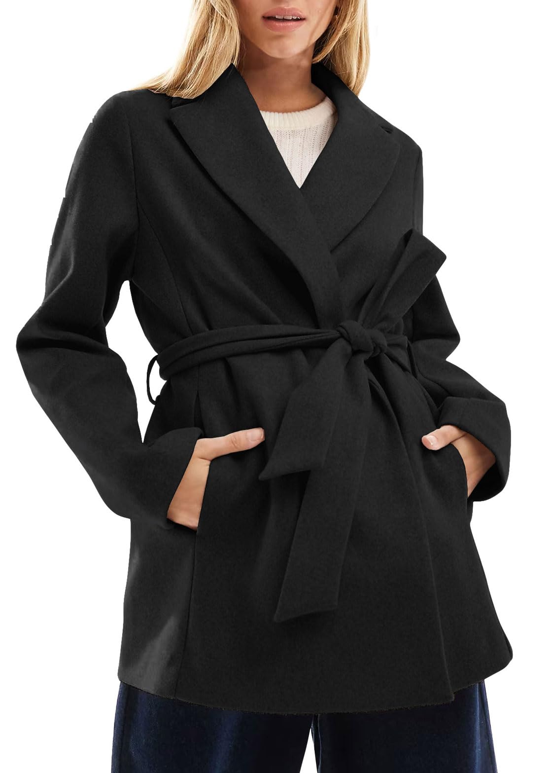 utcoco Women Fashion Belted Wool Trench Coat Notched Lapel Pea Coats Winter Warm Jackets with Pockets