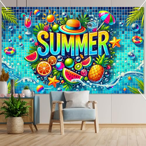 Image of BlissYard Summer Pool Banner 71 x 43 Inch Luau Party Decorations Hawaiian Backdrop Tropical Fruit Beach Party Decorations Photo Booth Wall Decor for Indoor Outdoor Summer Party