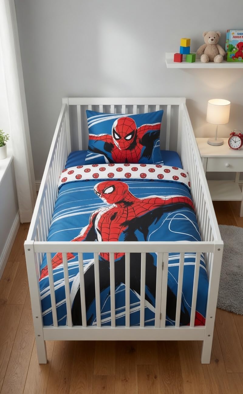 Parure de lit pour berceau Spiderman 100x135 cm + Taie d'oreiller 40x60 cm, 100% coton | Ensemble de literie pour bébé style phosphorescent parfait pour les enfants | Parure de lit pour berceau