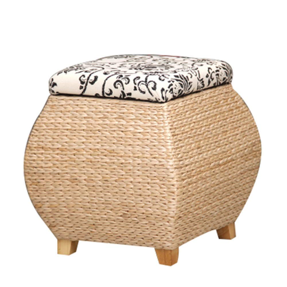 Tabouret de repos multifonction avec coffre et assise tressée beige