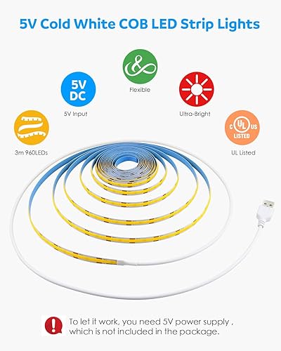 Miniatura 3 de Aclorol Tira de luces LED COB de 5 V, 6000 K, color blanco frío, tira de luces LED USB de 10 pies para dormitorio, 0.315 in de ancho, cuerda
