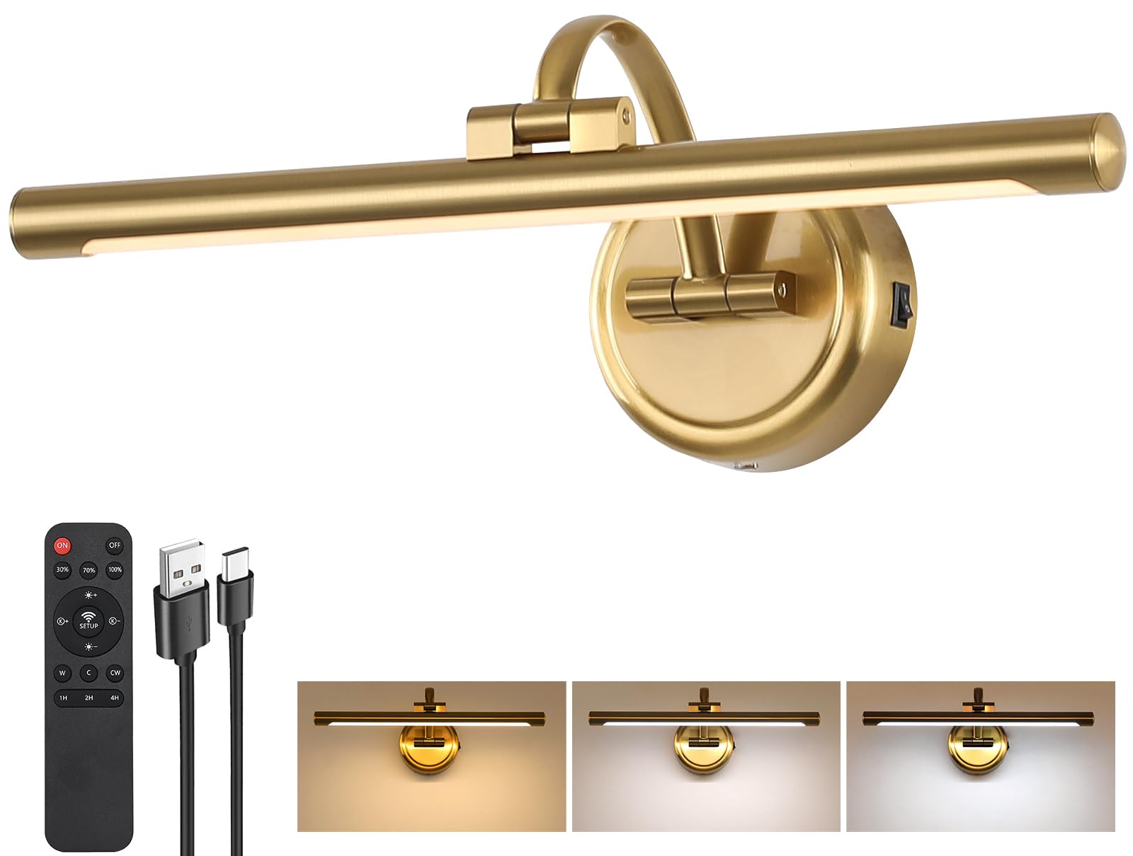 Picture Light for Wall,Battery Operated Art Lights for Painting,3 Color Selections and Brightness, Adjustable Wireless Portrait Lights with Remote for Artwork,Bookcase,Photo Frames(Brass, 15.7inch)