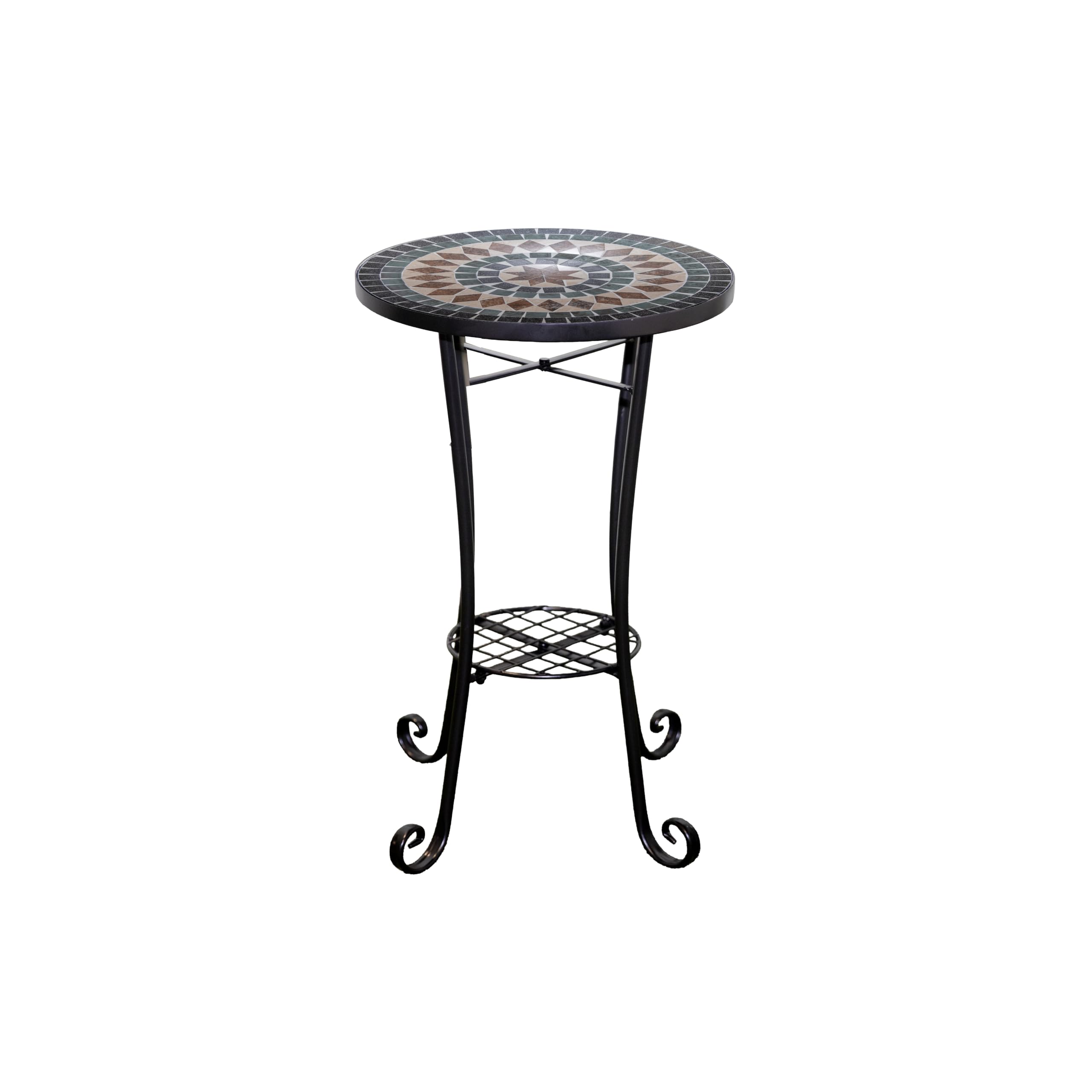 Mosaic Garden Table Outdoor Plant Stand 35cm with Shelf - Metal Ceramic Tile Top - Marrakech Round Small Accent Side Table for Balcony, Terrace, Porch, Garden, Patio, Plant Display and Home Décor