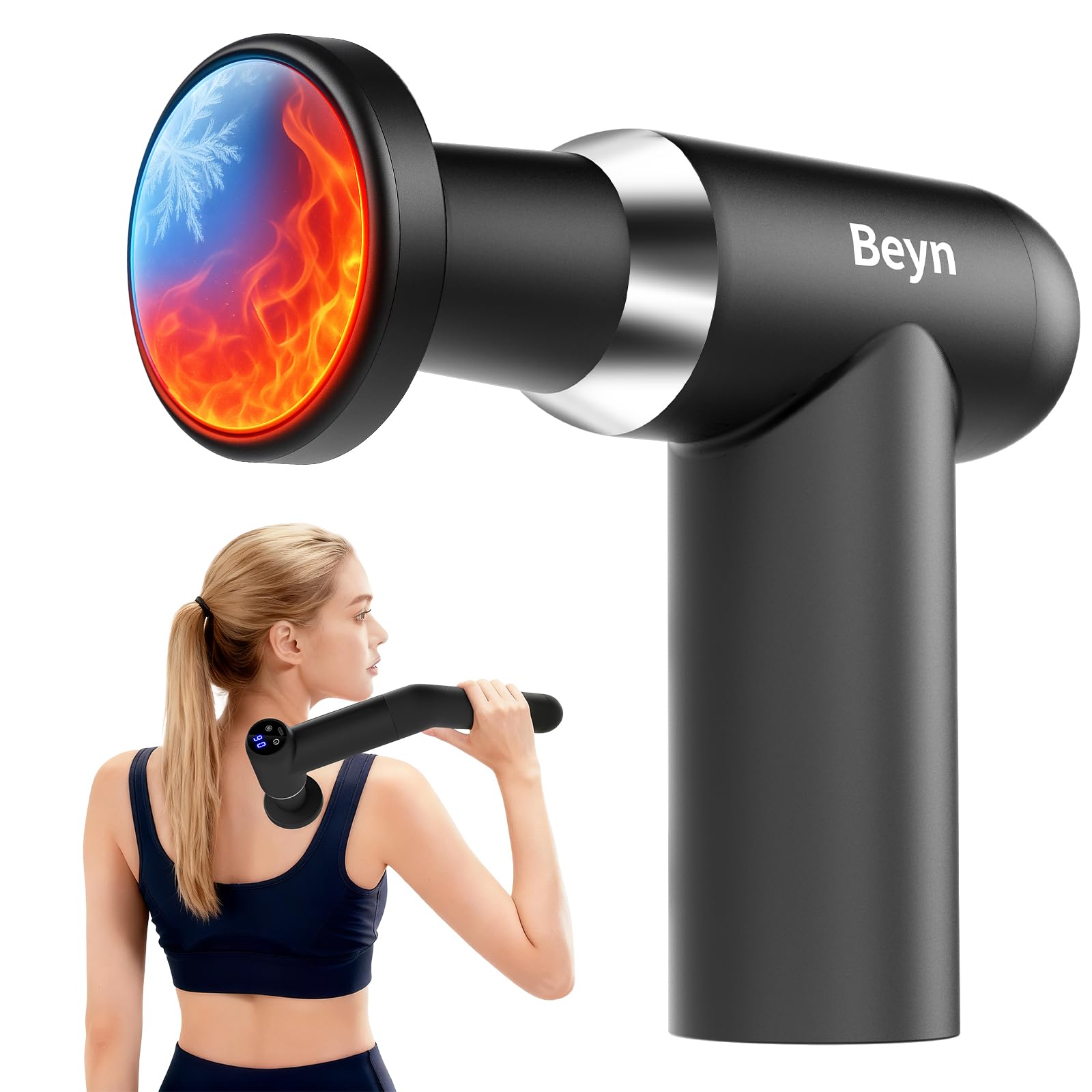 Photo 1 of Beyn Hot & Cold Therapy Massage Gun with Detachable Long Handle - Deep Tissue Percussion Massager for Back Pain Relief, 6 Speeds & 6 Heads, LCD Display, USB-C Rechargeable, Quiet Muscle Massager