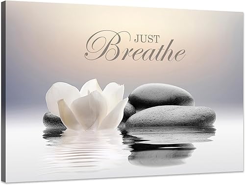 Lienzo decorativo de piedra zen, póster de citas de yoga con texto en inglés Just Breathe Yoga para decoración de spa, impresiones de flores de loto