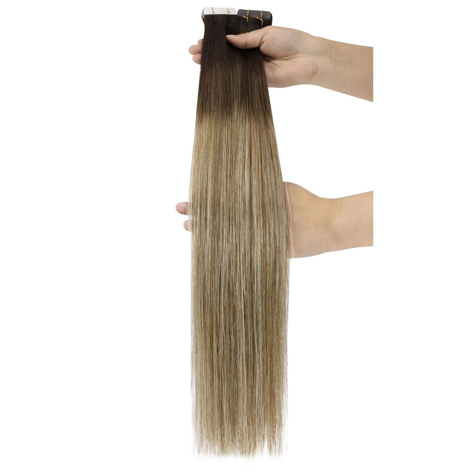 Ugeat Przedłużanie Włosów Taśma, Włosy Ludzkie, Balayage Brąz z Jasnym Blondem, 40 cm 20 sztuk 50g, Przedłużanie Włosów Tape in, Średniego Brązu, Remy Naturalne Proste