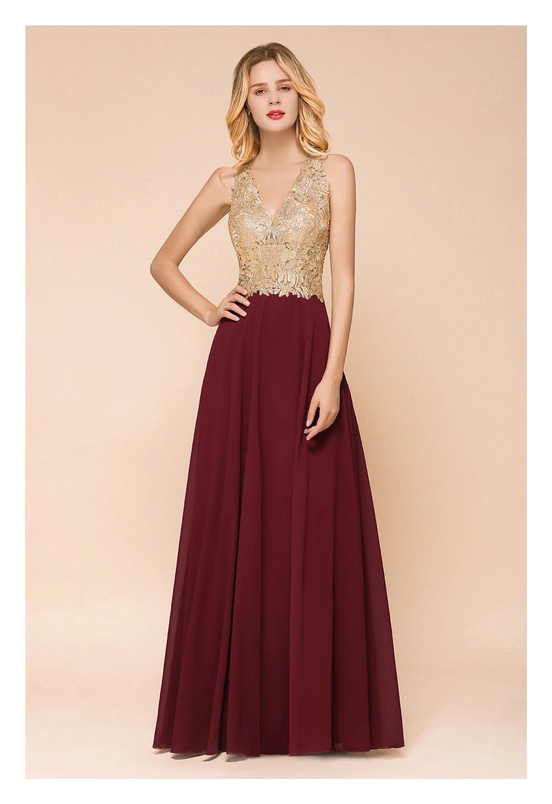 Brautjungfernkleider Goldfarbene Spitzenapplikationen in A-Linie Chiffon-Brautjungfernkleider mit V-Ausschnitt, lange, elegante Hochzeitsfeier-Abschlussballkleider Brautjungfernkleider Party Ballkleid