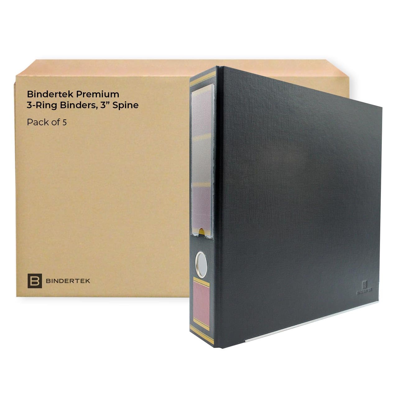 Bindertek 3-Ring Premium Binder, Pack of 5 - Barrister Black, 3" Spine Width, 525 Sheet Capacity, 2" D-Rings, Linen-Textured Covers, Steel Reinforced