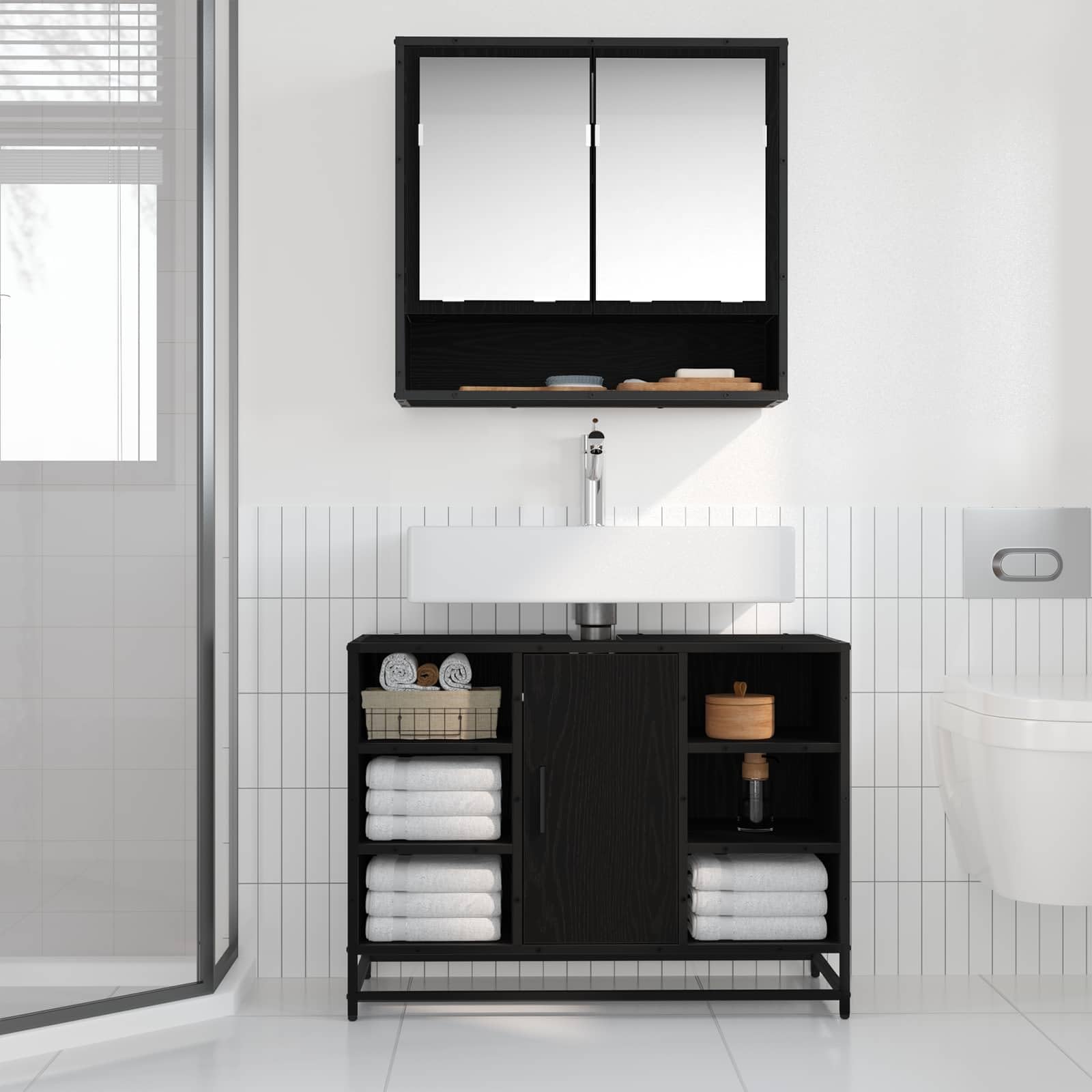Szafka łazienkowa czarna imitacja dębu 80 x 33 x 60 cm materiał