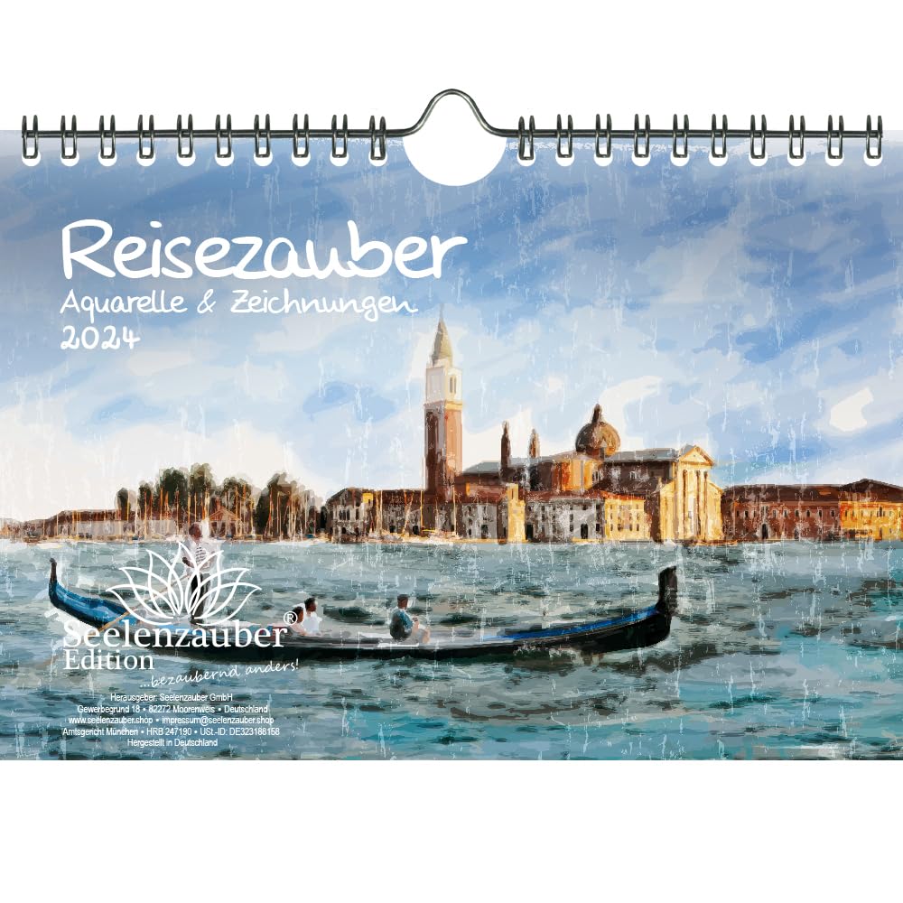 Travel Magic Watercolours DIN A5 Wall Calendar for 2024 Far Countries and Holiday Dreams Seelenzauber
