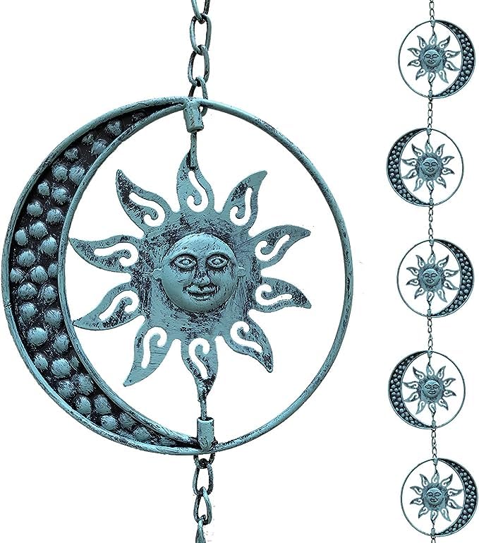 Aifeorzo Sun and Moon Decorative Rain Chain, 8.5 Ft Rain Chains for Gutters, Metal Garden Decor Rain Chime, Functional Replacement Catcher Chains for Outside Downspouts, Rotational Sun Face Design