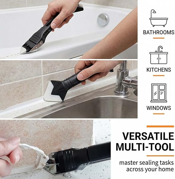 DHJWDUX 1 Lisseur Joint Silicone avec 4 Têtes de Rechange, Outil de Lissage et de Grattoir Multi-Angles pour les Travaux de Jointoiement, Nettoyage des Carreaux, Verre et Plans de Travail - 3