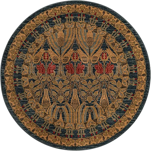 Image of Unique Loom Edinburgh Collection Area Rug - Canmore (4' 1 inch Round, Navy Blue / Tan)